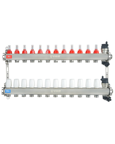 VIEIR Коллекторная группа из нержавеющей стали с расходомерами, без вводных кранов, 12 выходов, 1"х3/4"