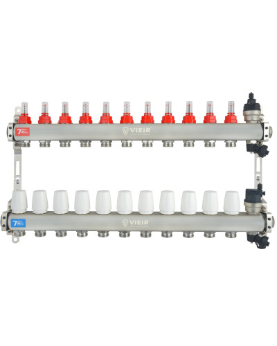 VIEIR Коллекторная группа из нержавеющей стали с расходомерами, без вводных кранов, 11 выходов, 1"х3/4"