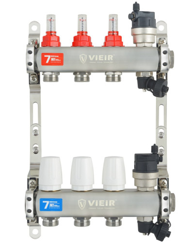 VIEIR Коллекторная группа из нержавеющей стали с расходомерами, без вводных кранов, 3 выхода, 1"х3/4"
