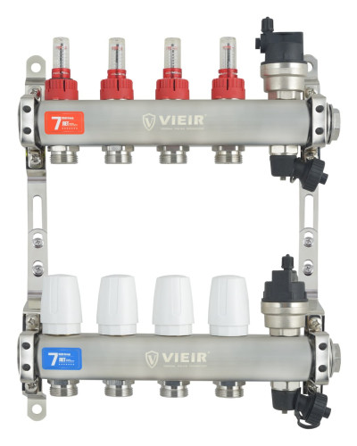 VIEIR Коллекторная группа из нержавеющей стали с расходомерами, без вводных кранов, 4 выхода, 1"х3/4"