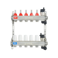 VIEIR Коллекторная группа из нержавеющей стали с расходомерами, без вводных кранов, 5 выходов, 1"х3/4"