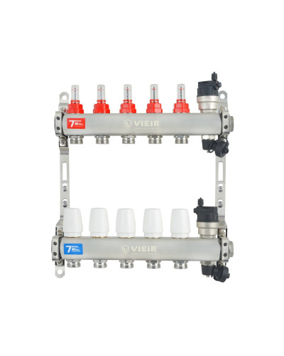 VIEIR Коллекторная группа из нержавеющей стали с расходомерами, без вводных кранов, 5 выходов, 1"х3/4"