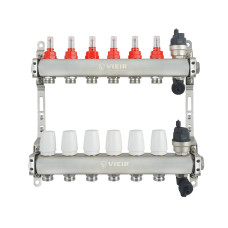 VIEIR Коллекторная группа из нержавеющей стали с расходомерами, без вводных кранов, 6 выходов, 1"х3/4"