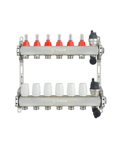 VIEIR Коллекторная группа из нержавеющей стали с расходомерами, без вводных кранов, 6 выходов, 1"х3/4"