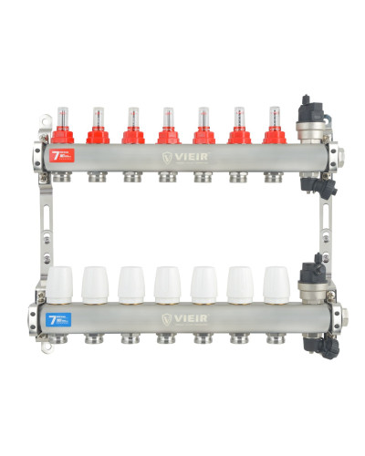 VIEIR Коллекторная группа из нержавеющей стали с расходомерами, без вводных кранов, 7 выходов, 1"х3/4"