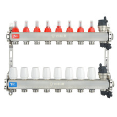 VIEIR Коллекторная группа из нержавеющей стали с расходомерами, без вводных кранов, 8 выходов, 1"х3/4"