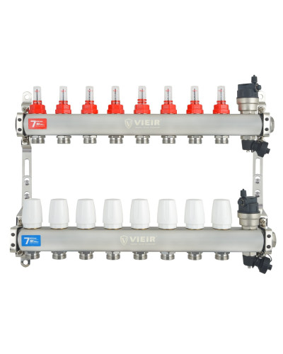 VIEIR Коллекторная группа из нержавеющей стали с расходомерами, без вводных кранов, 8 выходов, 1"х3/4"