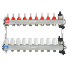 VIEIR Коллекторная группа из нержавеющей стали с расходомерами, без вводных кранов, 9 выходов, 1"х3/4"