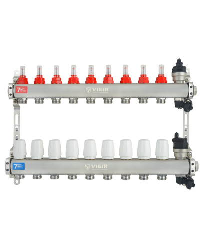 VIEIR Коллекторная группа из нержавеющей стали с расходомерами, без вводных кранов, 9 выходов, 1"х3/4"