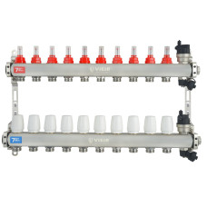 VIEIR Коллекторная группа из нержавеющей стали с расходомерами, без вводных кранов, 10 выходов, 1"х3/4"