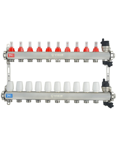 VIEIR Коллекторная группа из нержавеющей стали с расходомерами, без вводных кранов, 10 выходов, 1"х3/4"