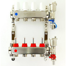 VIEIR Коллекторная группа из нержавеющей стали с расходомерами, без вводных кранов, 4 выхода, 1"х3/4"