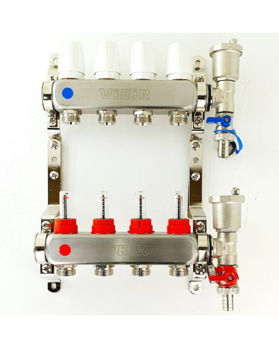 VIEIR Коллекторная группа из нержавеющей стали с расходомерами, без вводных кранов, 4 выхода, 1"х3/4"
