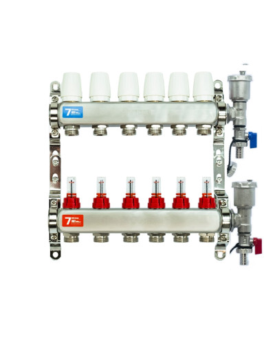 VIEIR Коллекторная группа из нержавеющей стали с расходомерами, без вводных кранов, 6 выходов, 1"х3/4"