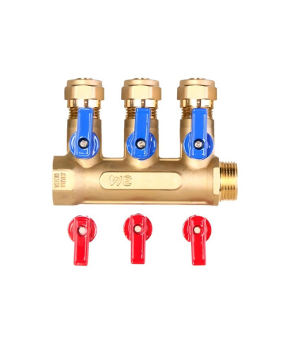 Коллектор с шар. краном   1 х 16 - 3 вых..красн.+син. ViEiR(16/4шт), VIEIR