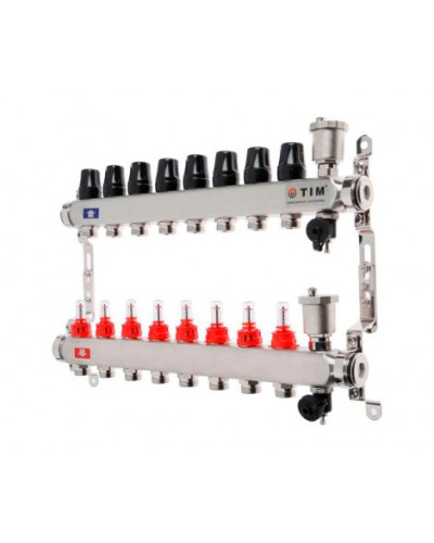 Коллекторная группа  с расходомерами  1, 8 хода, нерж,  без кранов (КВАДРАТ)(1/2), TIM