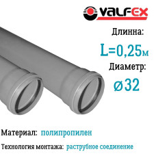 Труба BASE ф 32 с раструбом L=0,25 м, вн.канализ.толщ.ст.1.8 (340) VALFEX