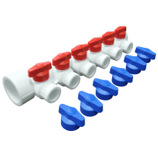 Коллектор PPR с отсечными синими кранами и воздухоотводчиком 40х20 6 выходов (25/1) (Valfex) БЕЛЫЙ