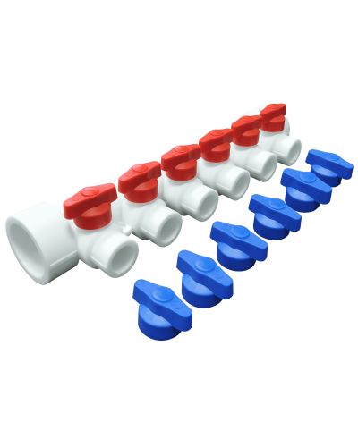 Коллектор PPR с отсечными синими кранами и воздухоотводчиком 40х20 6 выходов (25/1) (Valfex) БЕЛЫЙ, Valfex