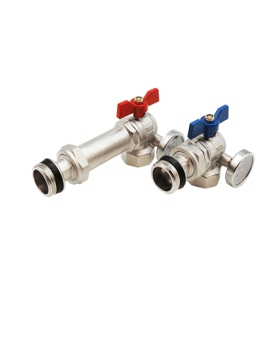 Кран шаровой угловой с полусгоном и термометром для коллекторных групп (пара) 1(1/16), TIM