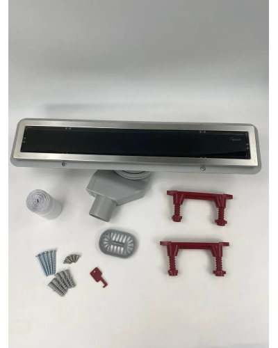 Водоотводящий желоб с двухсторонней решеткой горизонтальный сток Evolux Glass  (черное глянцевое стекло) 700*70(1/4), TIM