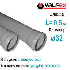 Труба BASE ф 32 с раструбом L=0,5 м, вн.канализ.толщ.ст.1.8 (210) VALFEX