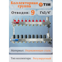 Коллекторная группа  с расходомерами  1", 9 хода, нерж,  без кранов (КВАДРАТ)(1/2)