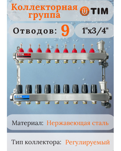 Коллекторная группа  с расходомерами  1, 9 хода, нерж,  без кранов (КВАДРАТ)(1/2), TIM
