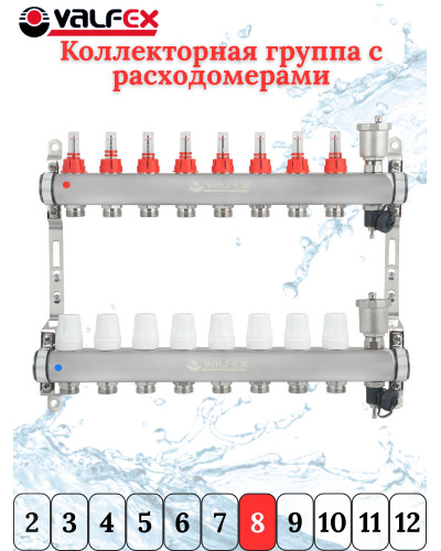 Коллекторная группа НЕРЖ со встр. расх. в сборе, 1х 8 вых. Евроконус 3/4 VALFEX  (2) К, Valfex