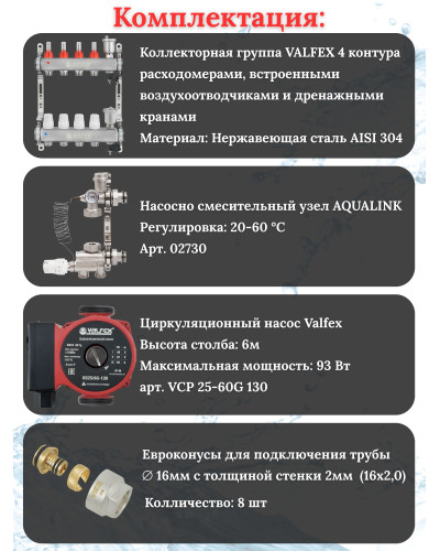 Комплект для теплого пола на 4 контура VALFEX (до 80 м.кв) под трубу 16х2,0