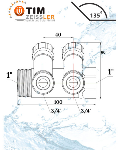 Коллектор регулирующий под 45°, 1г/ш х 3/4ш - 2 вых.(5/20), TIM