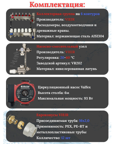 Коллектор для теплого пола 6 контуров (комплект) VIEIR + насосно смесительный узел с насосом + евроконус для коллектора 3/4'-16*2,0