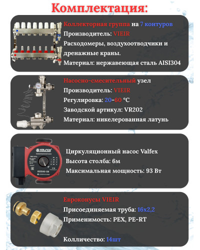 Комплект для теплого пола на 7 выходов (Коллектор VR113-07A на 7 контуров, Насос циркуляционный , Евроконусы, Насосно-Смесительный узел VR202) под трубу 16мм со стенкой 2.2мм