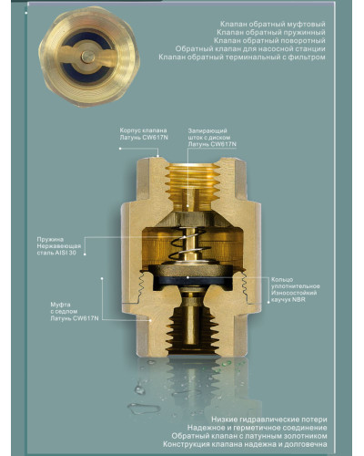 Обратный клапан с латунным штоком, 11/4г/г (стандарт)(1/40), TIM