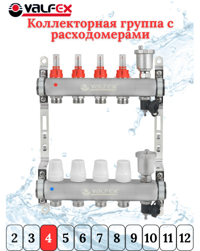 Коллекторная группа НЕРЖ со встр. расх. в сборе, 1х 4 вых. Евроконус 3/4 VALFEX (2) К, Valfex