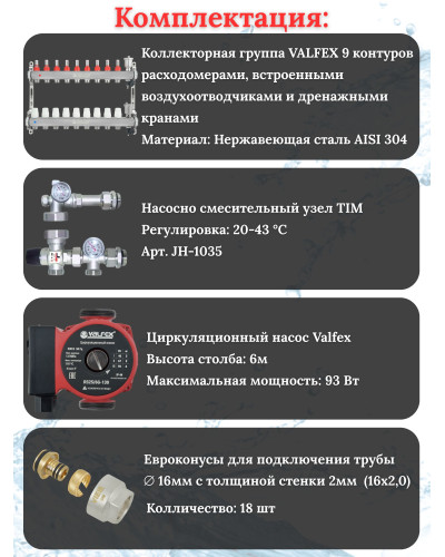 Комплект для теплого пола на 9 выходов VALFEX (Коллектор на 9 контуров, Насос циркуляционный , Евроконусы, Насосно-Смесительный узел) до 110 кв.м
