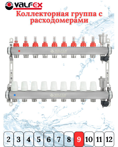 Коллекторная группа НЕРЖ со встр. расх. в сборе, 1х 9 вых. Евроконус 3/4 VALFEX  (2) К, Valfex