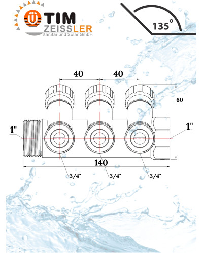 Кол-р рег. под 45°, 1г/ш х 3/4ш - 3 вых. под евроконус или адаптер, TIM