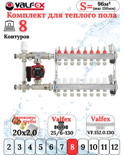 Комплект тёплого пола на 8 конутра VALFEX (Коллектор+Насос+НСУ c байпасом+Евроконусы 20х2,0)
