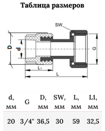 Муфта с накидной гайкой 20х3/4 (100/20) (Valfex) БЕЛАЯ, Valfex