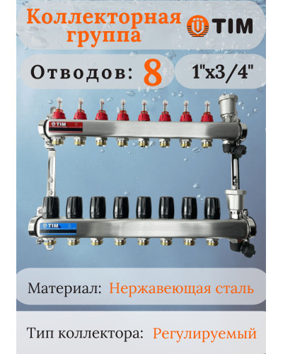 Коллекторная группа  с расходомерами  1, 8 хода, нерж,  без кранов (КВАДРАТ)(1/2), TIM