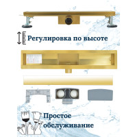 Душевой лоток с решеткой  защита от запаха:(сухой +гидрозатвор), глянцевое золото  (70*800мм)(1/4)
