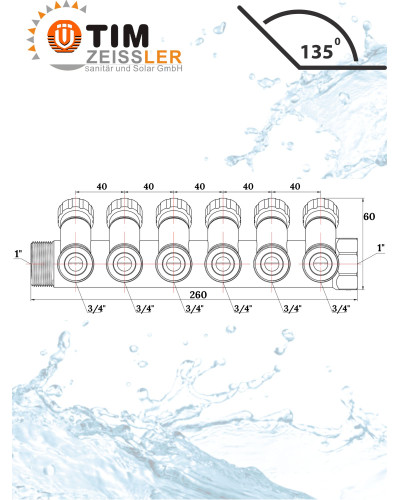 Кол-р рег. под 45°, 1г/ш х 3/4ш - 6 вых. под евроконус или адаптер, TIM