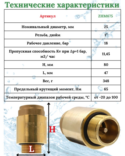 Обратный клапан с металическим штоком 1 FM  ViEiR  (64/8шт), VIEIR