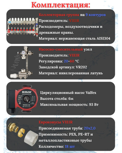 Комплект для теплого пола на 9 выходов (Коллектор VR113-09A на 9 контуров, Насос циркуляционный , Евроконусы, Насосно-Смесительный узел VR202) под трубу 20мм со стенкой 2.0мм