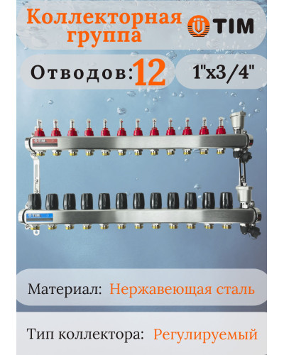 Коллекторная группа  с расходомерами  1, 12 хода, нерж,  без кранов (КВАДРАТ)(1/2), TIM