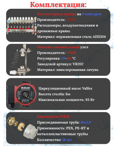 Коллектор для теплого пола 9 контуров (комплект) VIEIR + насосно смесительный узел с насосом + евроконус для коллектора 3/4'-16*2,0