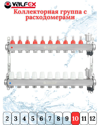 Коллекторная группа НЕРЖ со встр. расх. в сборе, 1х10 вых. Евроконус 3/4 VALFEX  (2) К, Valfex