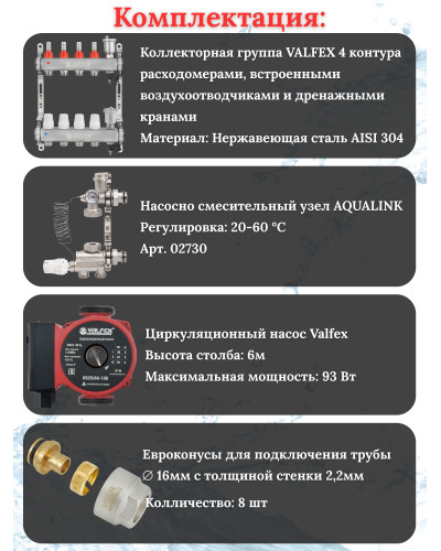 Комплект для теплого пола на 4 контура VALFEX (до 80 м.кв) под трубу 16х2,2