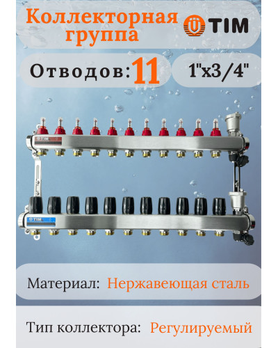 Коллекторная группа  с расходомерами  1, 11 хода, нерж,  без кранов (КВАДРАТ)(1/2), TIM